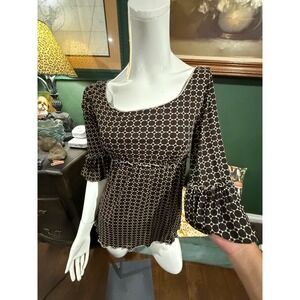 Max Studio Brown Geometric Print Mesh Empire Waist Ruffle Bell Sleeve Top M